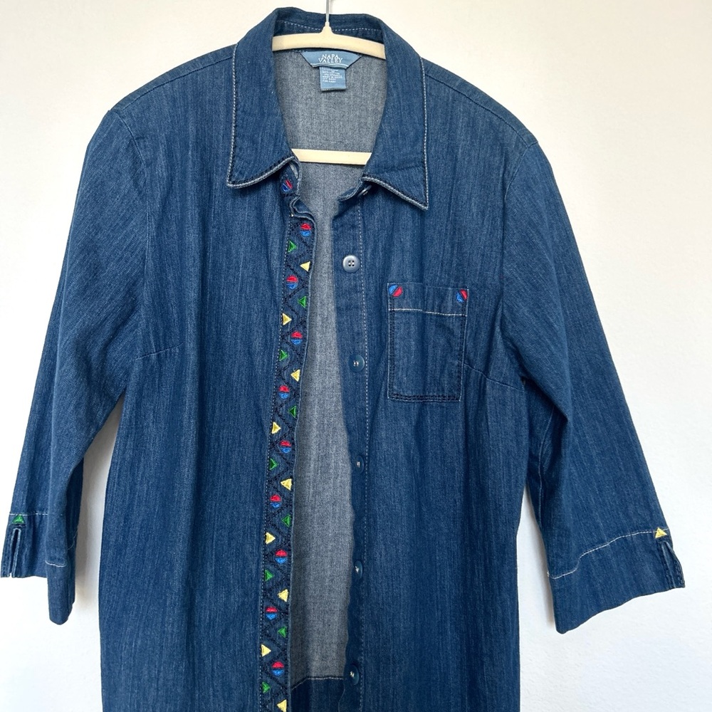 Denim Button-Up Shirt with Embroidered Trim